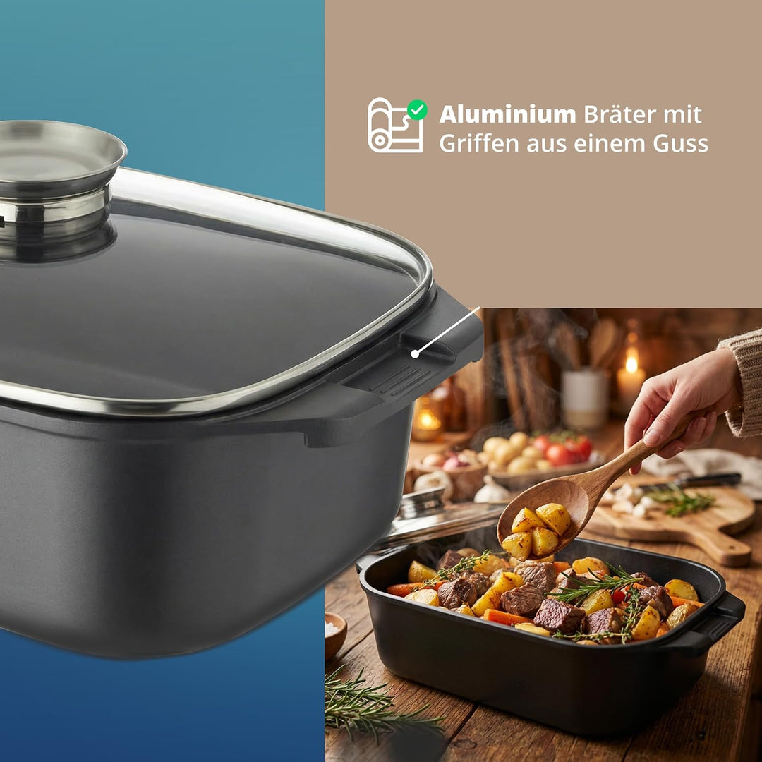 KHG Aluminium Bräter mit Glasdeckel & Aromaknopf 26x41 cm Rechteckig 11 L - ILAG Xeradur®5 Antihaftb