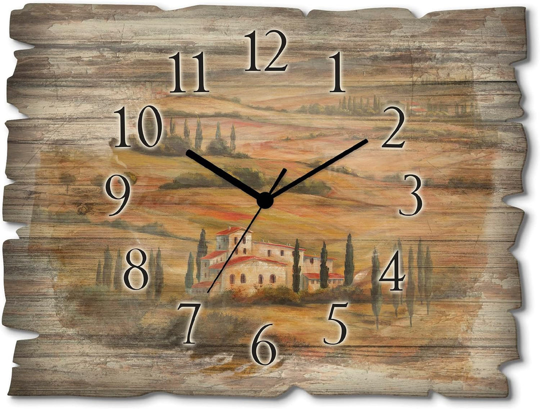 ARTLAND Wanduhr ohne Tickgeräusche aus Holz Funk Uhr lautlos Rechteckig 40x30 cm Landschaft Toskana