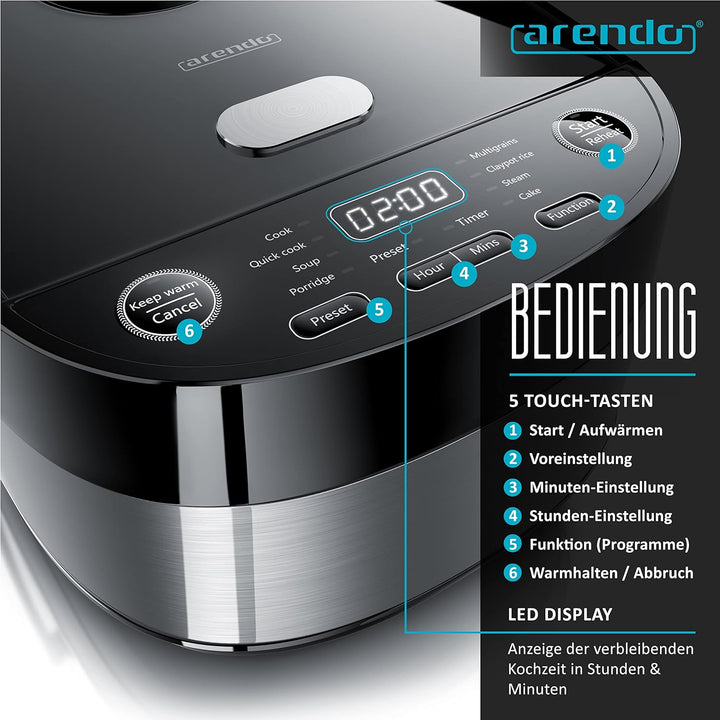 Arendo - Reiskocher Multikocher digital und Dampfgarer 4L – 3D Heizsystem – 8 Programme – Warmhaltef