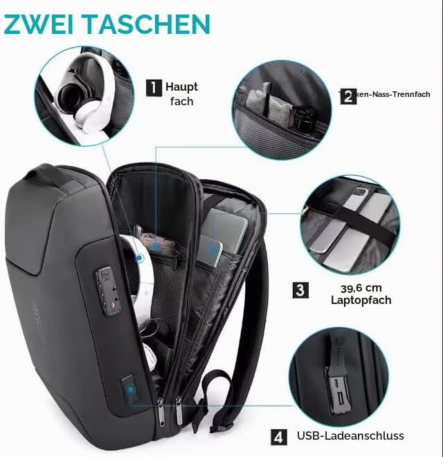 BANGE Anti-Diebstahl-Rucksack mit USB-Ladeanschluss, leichter Business-Rucksack für Damen und Herren