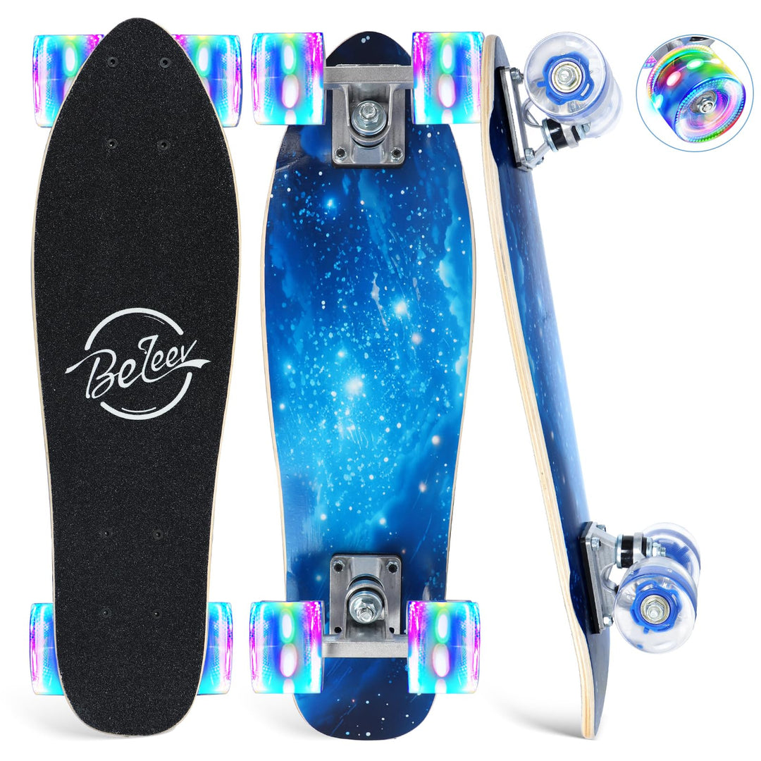 BELEEV Skateboard Komplette 22 Zoll Mini Cruiser Skateboard für Kinder Jugendliche Erwachsene, LED L