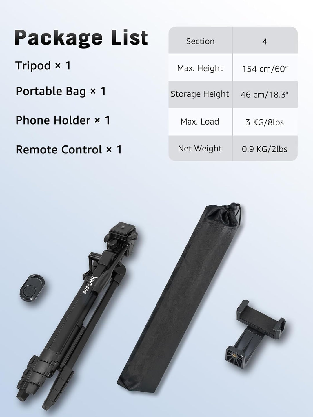 Stativ 152 cm Kamera Stativ für iPhone/Telefon, Fluidkopf Reisestativ für Canon Nikon Sony DSLR Vide