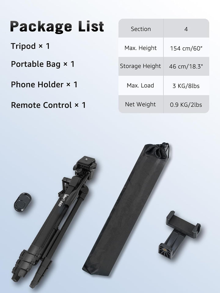 Stativ 152 cm Kamera Stativ für iPhone/Telefon, Fluidkopf Reisestativ für Canon Nikon Sony DSLR Vide
