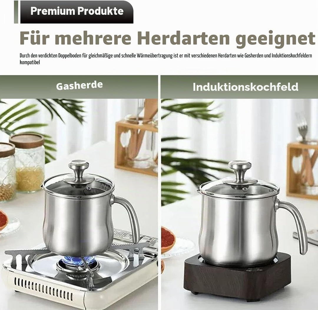 Milchtopf Induktion mit Glasdeckel 14 cm, Milchkochtopf, Simmertopf 2L, Doppelwandig Milchtopf Edels