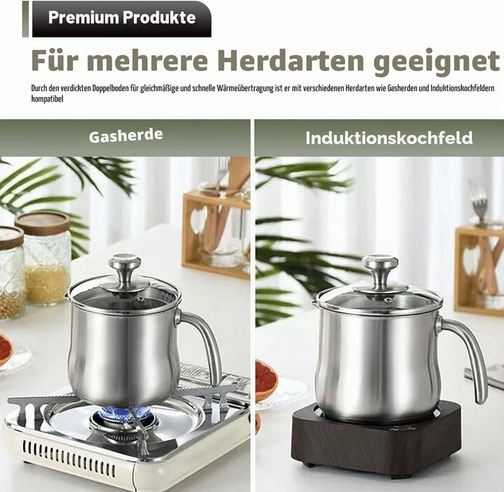 2L Milchtopf Edelstahl mit Deckel und Ausgiesser, Kochtopf Induktion mit Griff, Simmertopf Puddingto