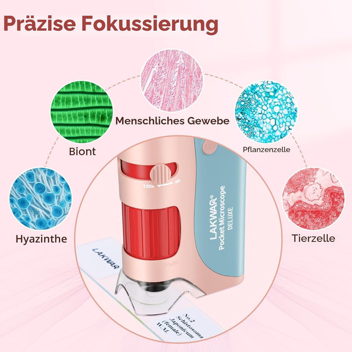 60x-120x Mini Taschen Mikroskop für Kinder Erwachsene, Tragbares Handmikroskop mit Objektträgern, Mi
