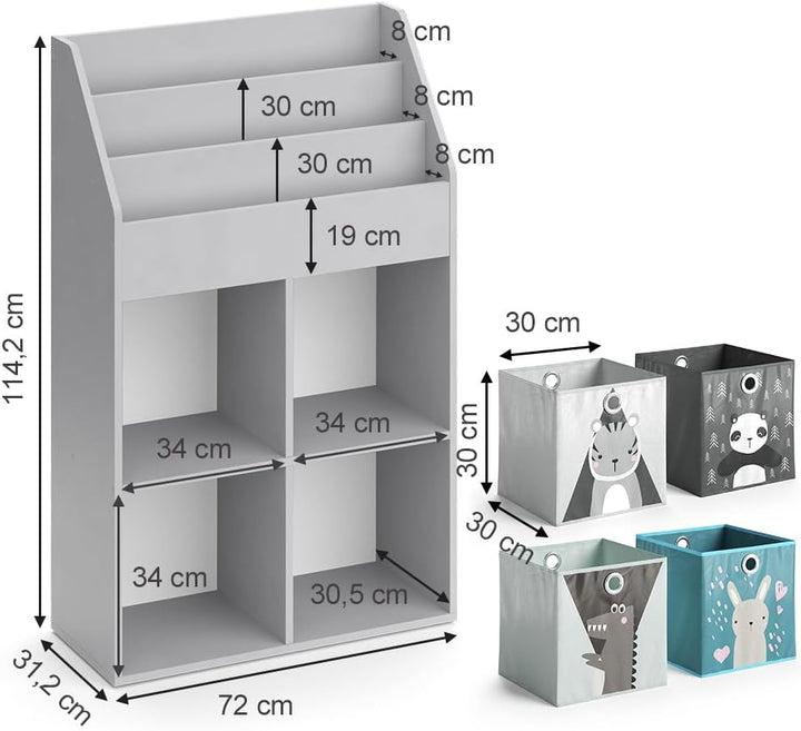 Vicco Kinderregal Grau Luigi mit 4 Faltboxen - 72x114x31 cm aus Spanplatte - Bücherregal ideal fürs