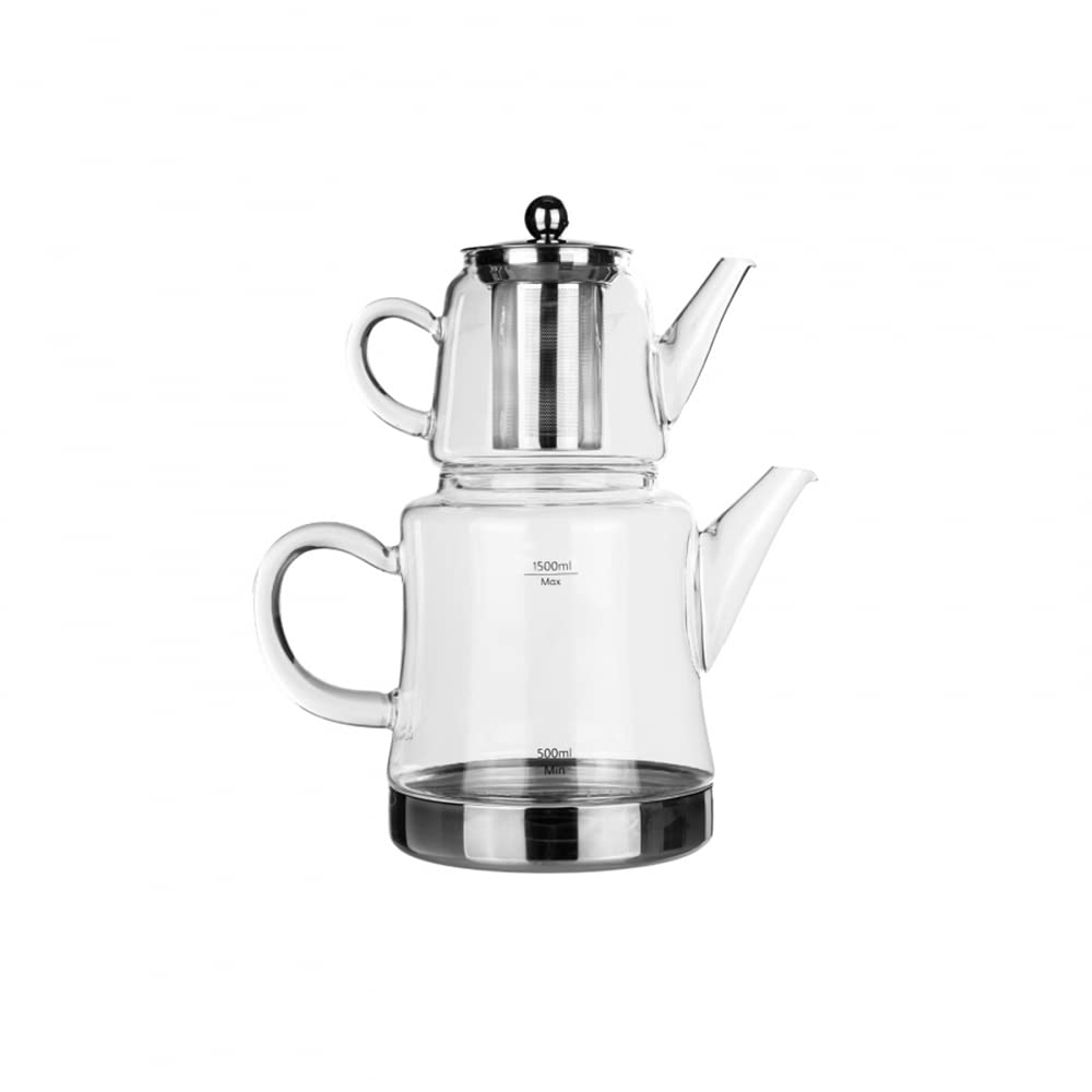 Karaca Dora Teekanne aus Glas, Kanne 450ml, Wasserkocher 180ml, Geeignet für Gas- und Elektrokochsys