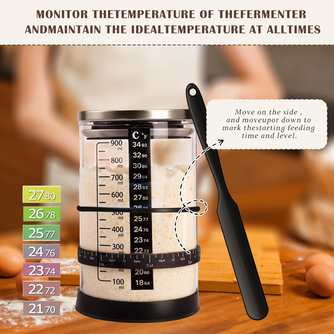 Sauerteig Starter Jar Kit 1000ml Gärglas mit Spatel, Fermentierglas, Sauerteig Glas Jar, Sourdough S