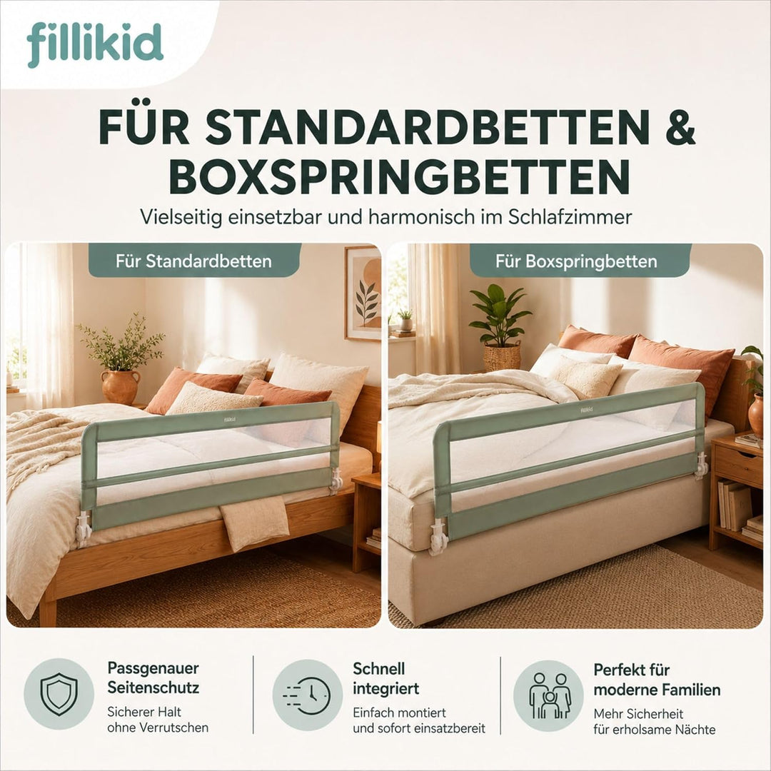 Fillikid Bettgitter Lina XL 180 x 50 cm Exklusiv | Rausfallschutz für Kinderbett & Boxspringbett | K