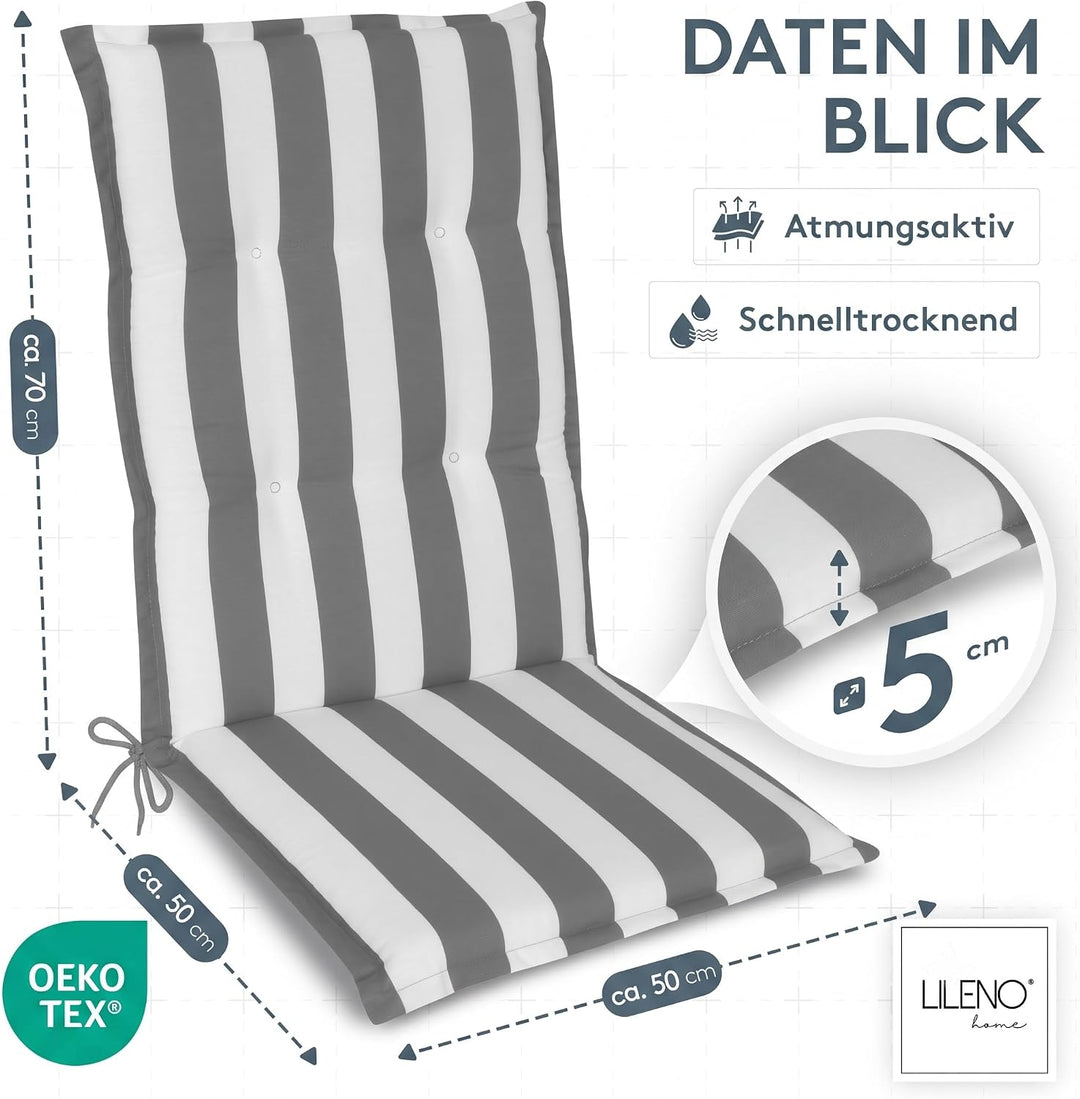 LILENO HOME Gartenstuhl Auflagen als [4er Set - Hochlehner] in Blockstreifen Grau - Bequeme Liegen a
