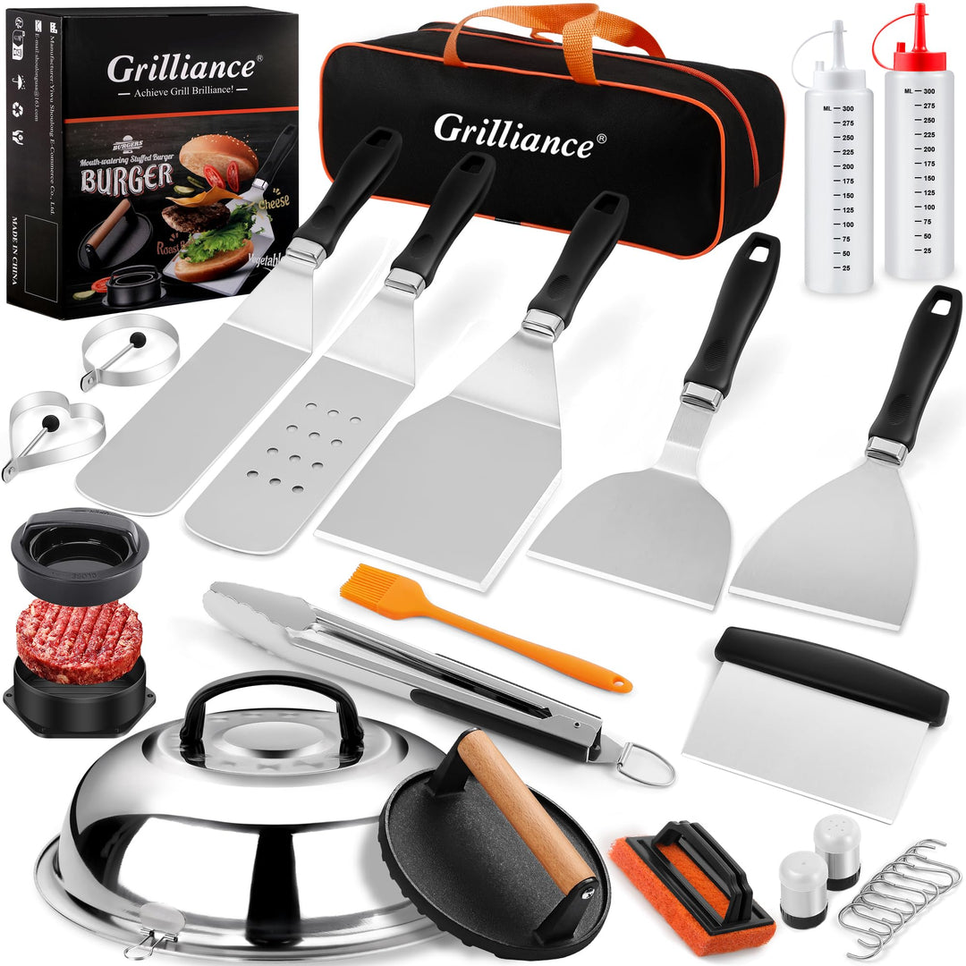 27-TLG Grillspachtel Plancha Zubehör für Männer, Teppanyaki BBQ Grillbesteck Set Edelstahl, Hibachi