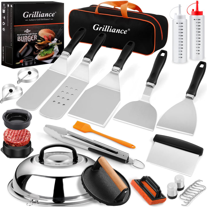 27-TLG Grillspachtel Plancha Zubehör für Männer, Teppanyaki BBQ Grillbesteck Set Edelstahl, Hibachi