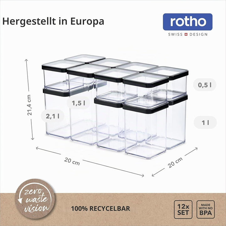 Rotho LOFT 12er-set Vorratsdosen mit Deckel, stapelbar, aromadicht, spülmaschinenfest, 40×20×21,4 cm