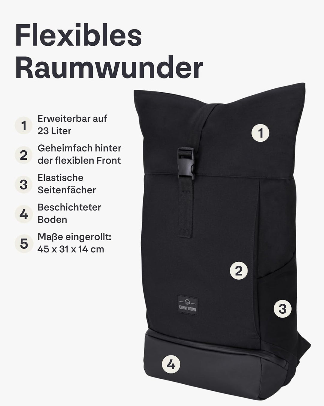 Johnny Urban Rolltop Rucksack Damen & Herren Gross Schwarz - Allen Large - Laptop Backpack für Uni,