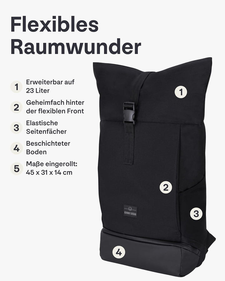 Johnny Urban Rolltop Rucksack Damen & Herren Gross Schwarz - Allen Large - Laptop Backpack für Uni,