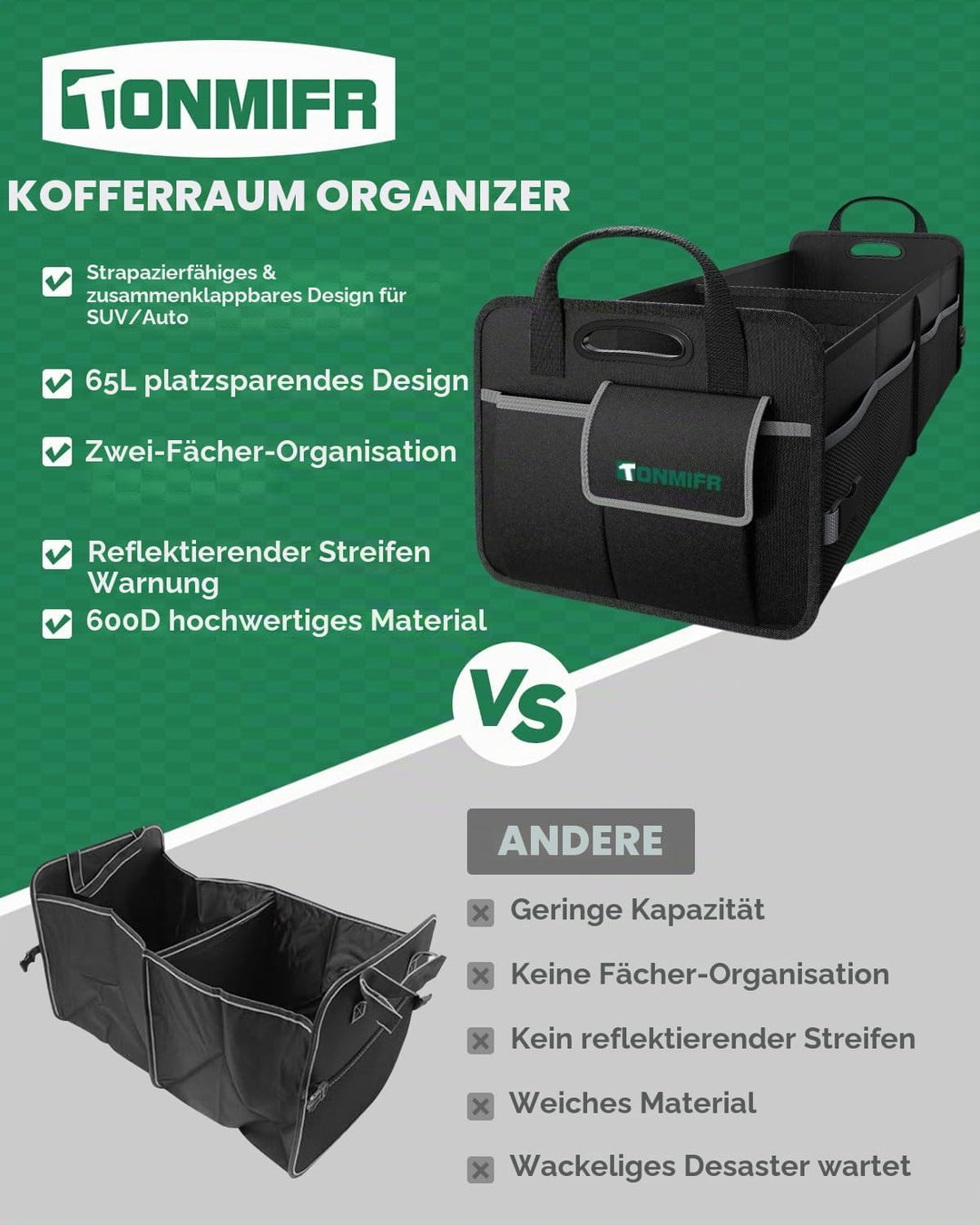 Kofferraum-Organizer mit 2 Fächern, strapazierfähig, 600D Oxford, zusammenklappbar, mit reflektieren