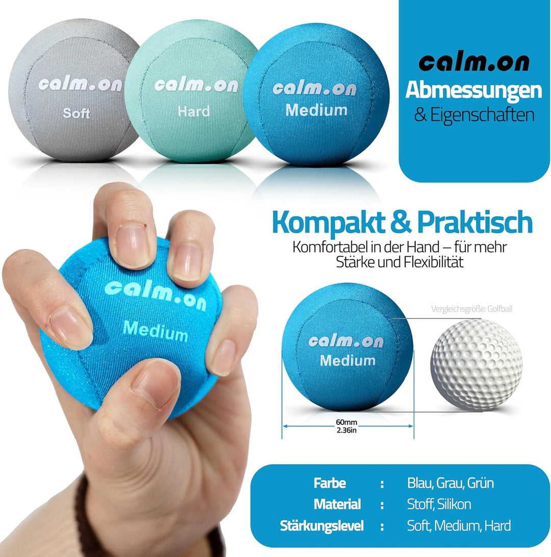 Calm.on, Anti Stress Bälle, Stressball, Handtrainer und Fingertrainer in 3 Stärken und Farben, Stres