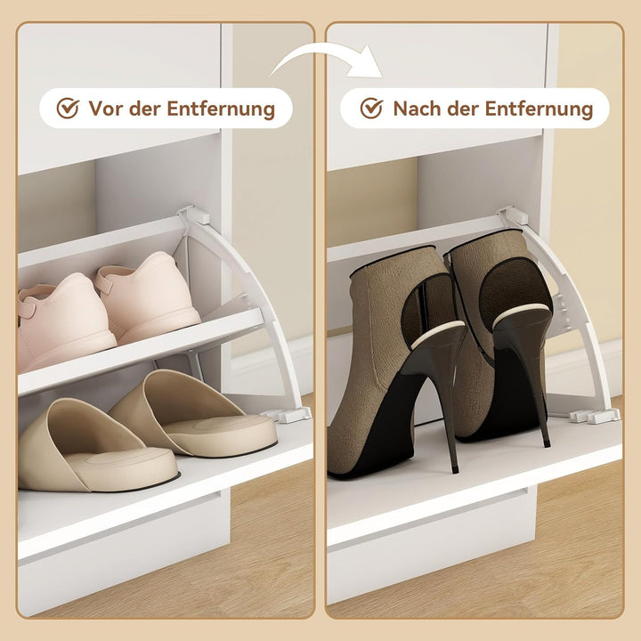 YOURLITE Schuhschrank Schmal, Schuhkipper mit 2 Klappen und 2 Schubladen, Weiss Schuhregal, Trennwan