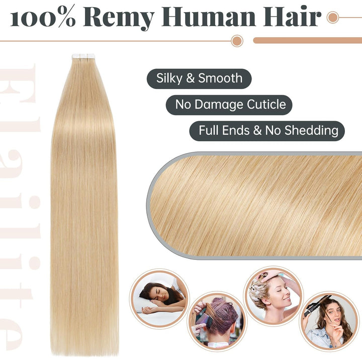 Elailite Extensions Echthaar Tape in #24 Mittelblond, 20 Stück/Packung Real Human Hair, 20cm Haarver