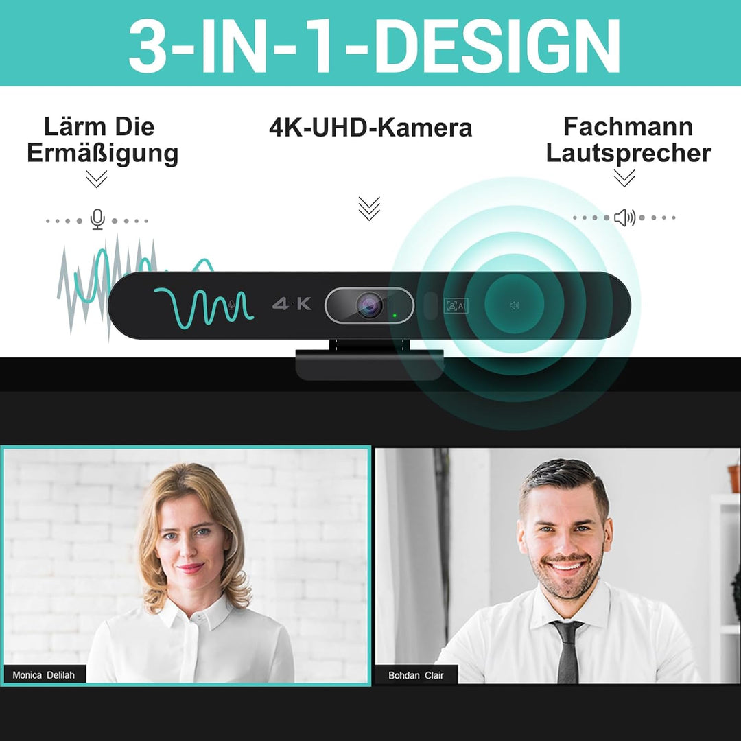 4K Videokonferenz-Webcam mit Mikrofon und Lautsprecher, AI-Powered Kamera für Videokonferenz mit Fer