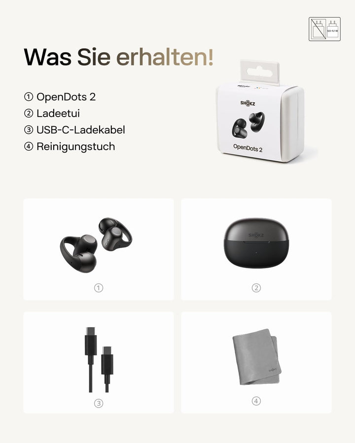 SHOKZ OpenDots 2 Open-Ear Clip-On Earbuds, verbessertes Dolby Audio mit Deep Bass, 40 Std. Laufzeit,