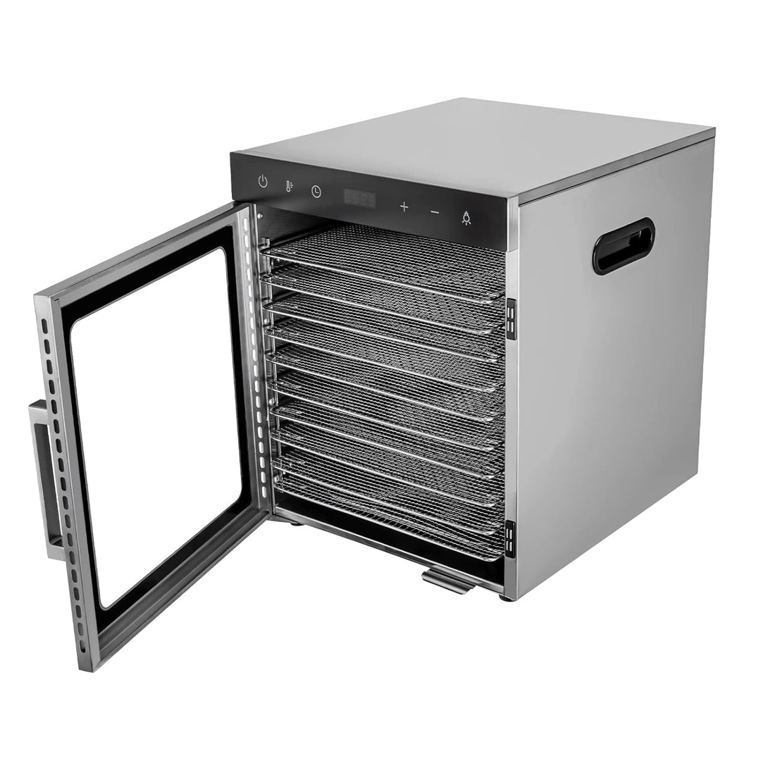 Edelstahl Dörrautomat, 800W Dörrgerät mit Temperaturregelung (30-90℃) und 0.5-24h Stunden-Timer, 10