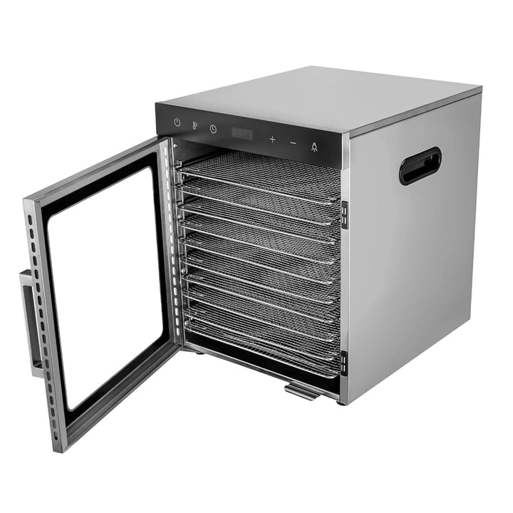 Edelstahl Dörrautomat, 800W Dörrgerät mit Temperaturregelung (30-90℃) und 0.5-24h Stunden-Timer, 10