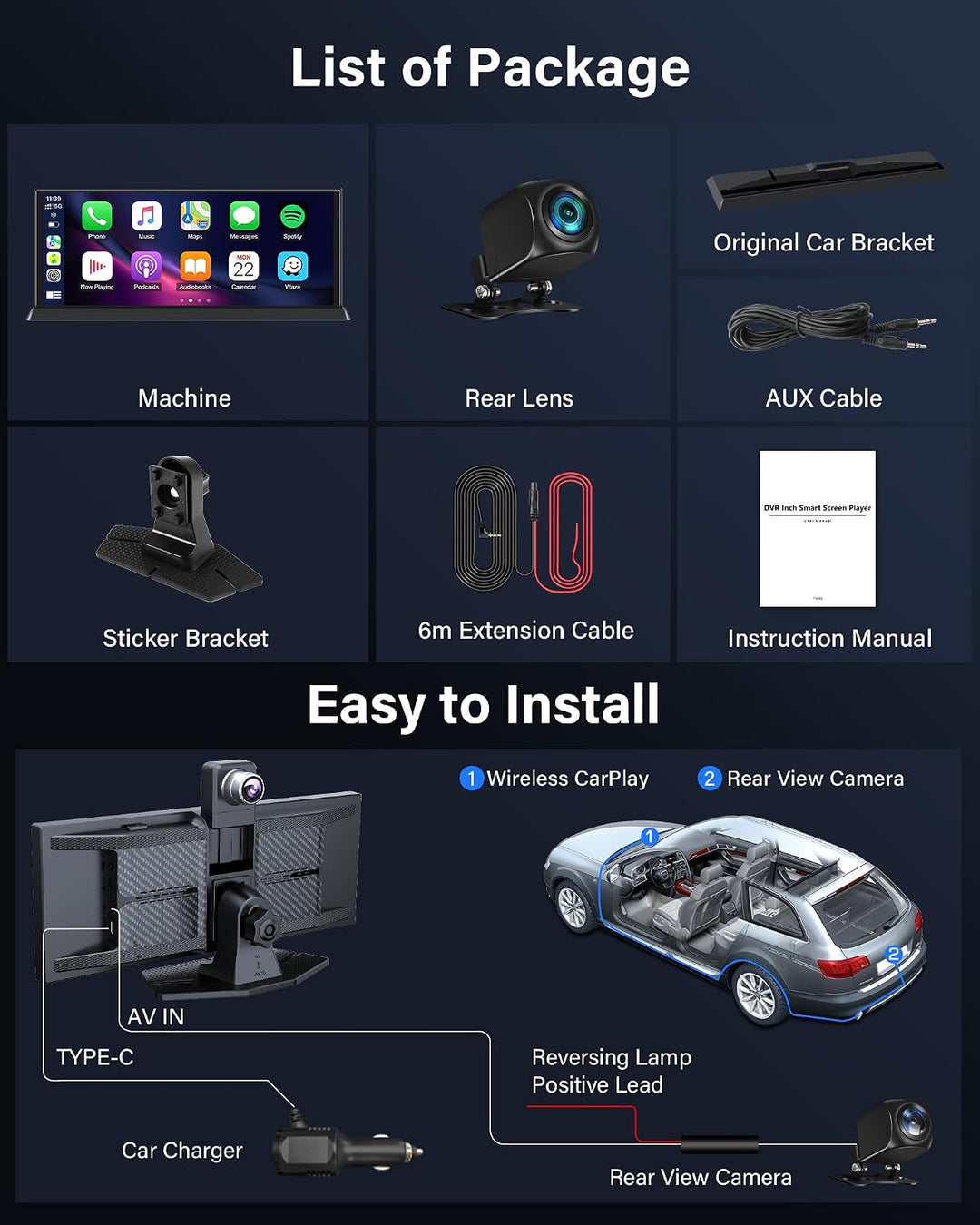 11,3 Zoll Carplay Android Auto Display mit Stehende Halterung, 350° Drehbare 4K Dashcam Buddy Displa