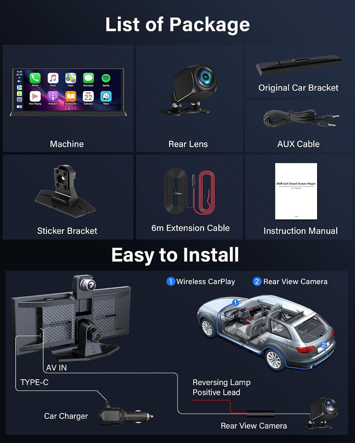 11,3 Zoll Carplay Android Auto Display mit Stehende Halterung, 350° Drehbare 4K Dashcam Buddy Displa