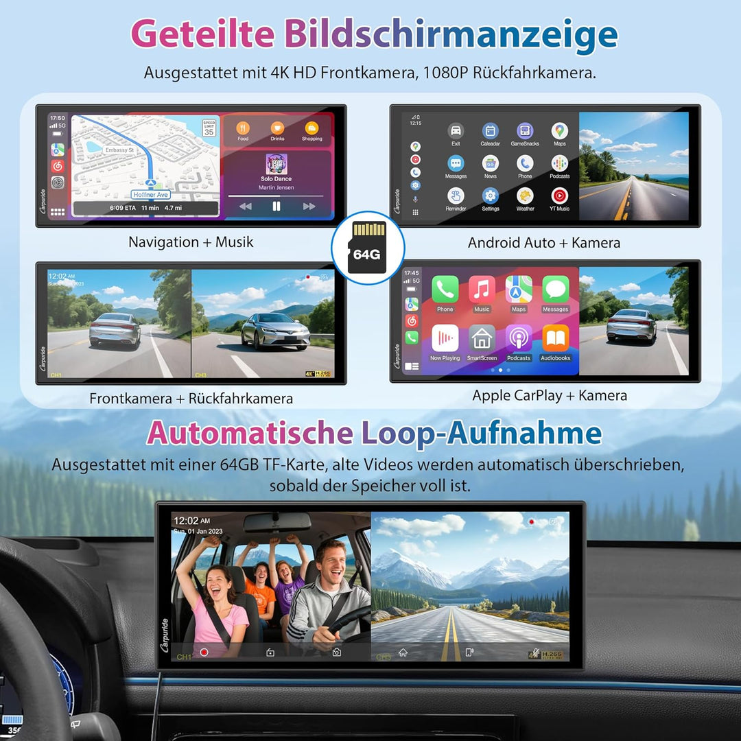 Carpuride Tragbares Kabelloses Carplay und Android Auto mit Dashcam-W125A 11,26-Zoll-HD-IPS-Bildschi