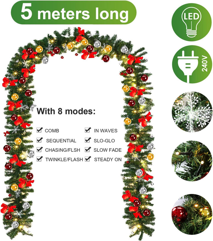 Yakimz 2er 5M Weihnachtsgirlande, Tannengirlande mit 100 LEDs Warmweiss 8 Modus inkl. Deko, IP44 Wei