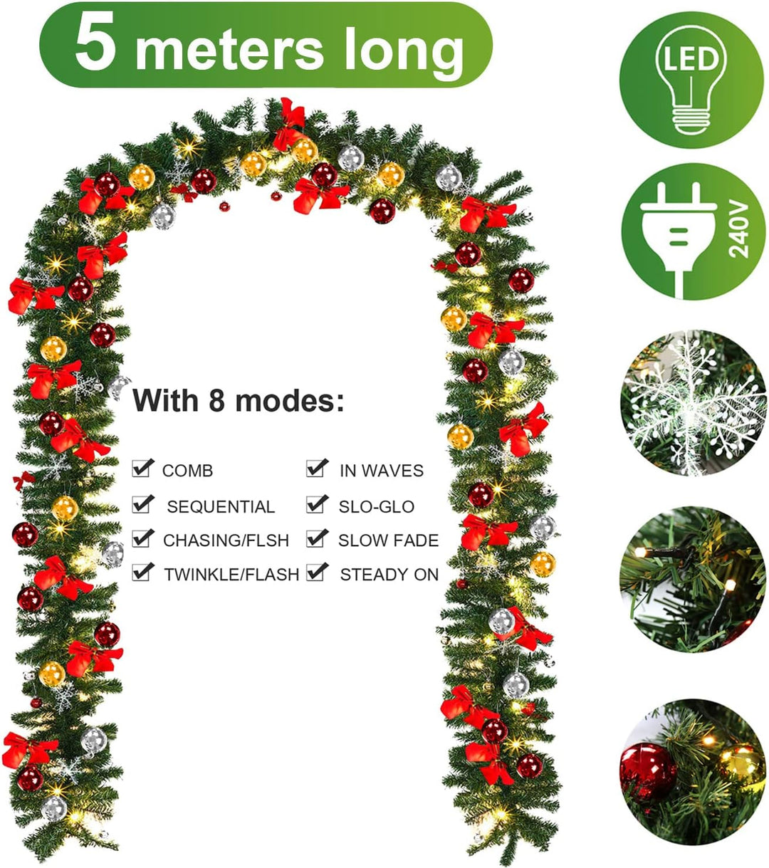 Yakimz 2er 5M Weihnachtsgirlande, Tannengirlande mit 100 LEDs Warmweiss 8 Modus inkl. Deko, IP44 Wei