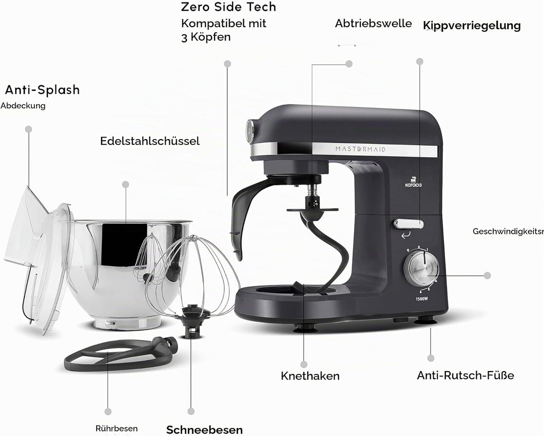 Karaca Mastermaid Chef Pro Double Armed Küche Koch 1500W Space Gray, Glänzend Cream, 1500W, 5 L Mixe