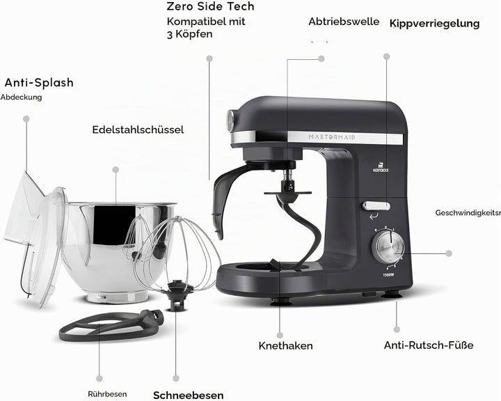 Karaca Mastermaid Chef Pro Double Armed Küche Koch 1500W Space Gray, Glänzend Cream, 1500W, 5 L Mixe