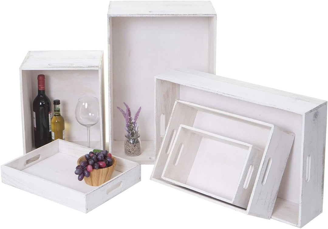 Mendler 6er Set Holzbox HWC-C20, Dekokiste Aufbewahrung Holzkiste, Shabby-Look Vintage - weiss shabb