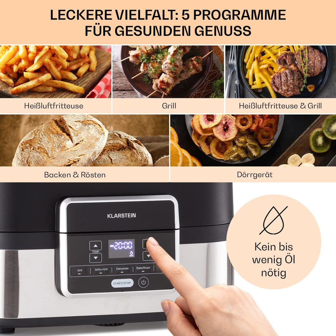 Klarstein 2-in-1 Heissluftfritteuse mit Grill, Airfryer mit Schnellaufheizung 1500W, XL Heissluftfri
