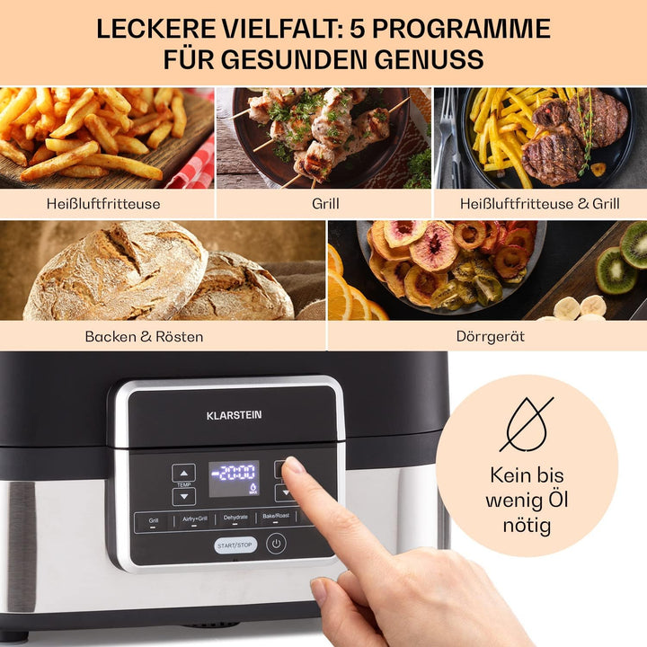 Klarstein 2-in-1 Heissluftfritteuse mit Grill, Airfryer mit Schnellaufheizung 1500W, XL Heissluftfri