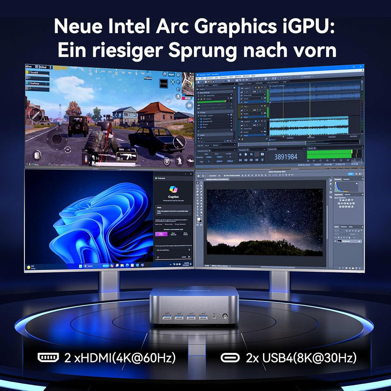 GEEKOM AI Mini PC GT1 Mega - Intel Core U7 155H,16 Kerne 22 Threads, Bis zu 4.8GHz, 2.5Gbps Dualer L