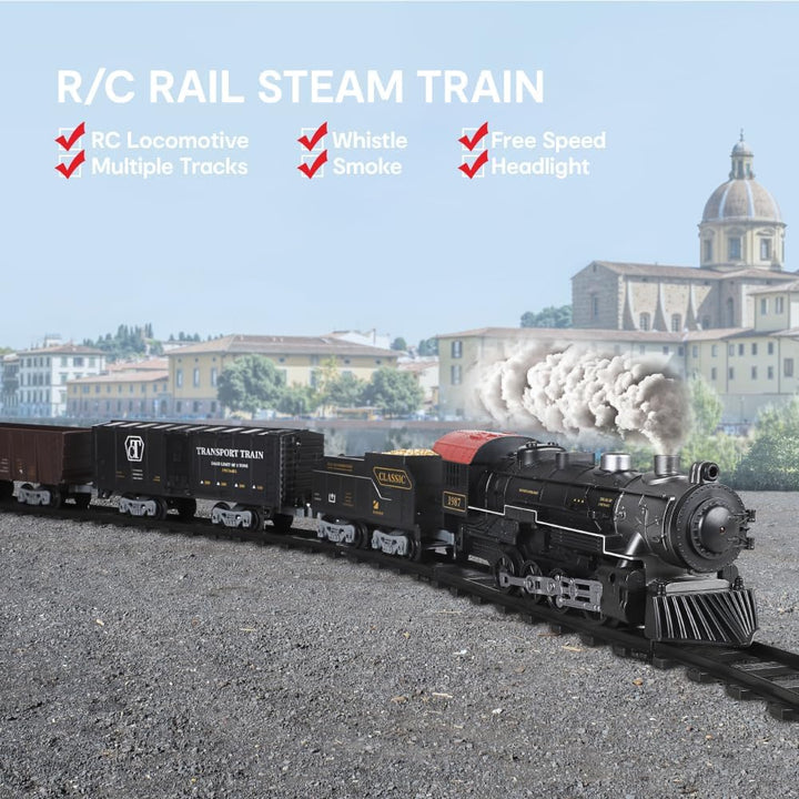 Elektrisches Zugset für Jungen - Ferngesteuerte Züge mit Dampf, Geräuschen und Lichtern, Waggons und