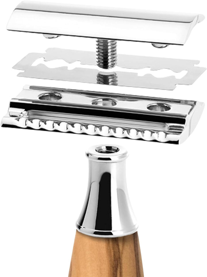 MÜHLE Vivo Rasierset - Rasierhobel, Rasierpinsel mit reinem Dachshaar und Halterung - Griffe aus edl