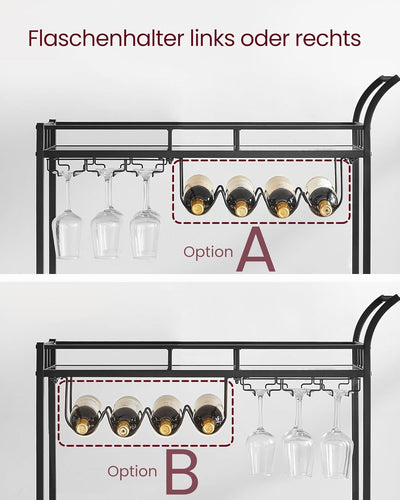 VASAGLE Servierwagen, Rollwagen, Gläserhalter, 2 verspiegelte Glasablagen, Barwagen, Weinwagen, für