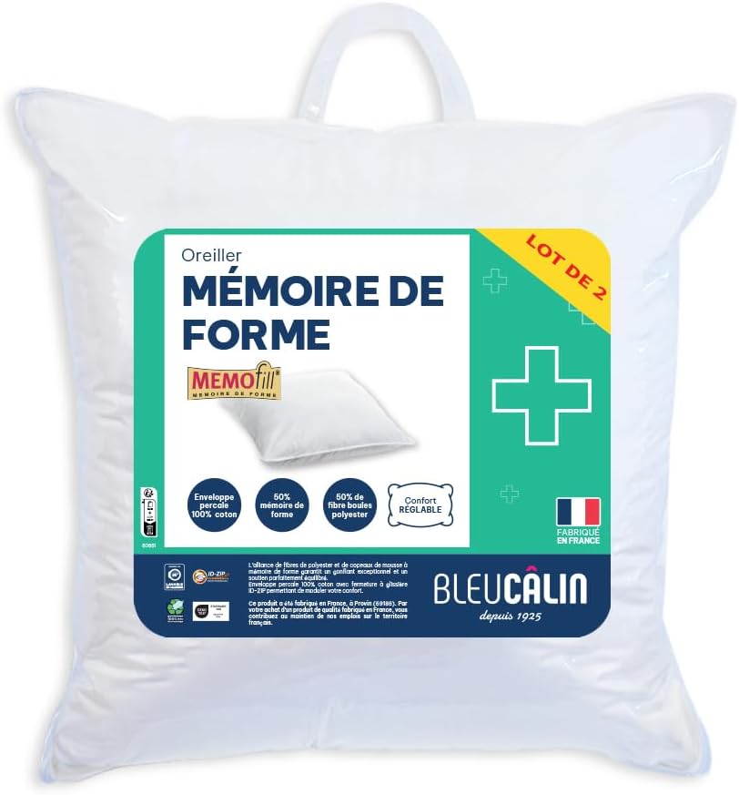 Bleu Câlin Set aus 2 Kopfkissen, Memo-Fill, 65x65 cm, Weiss, OMFW 65 x 65 cm Uni, 65 x 65 cm Uni