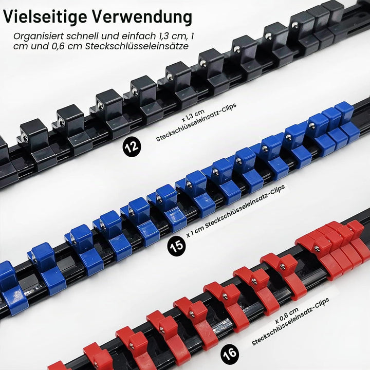 ACEBON 6-tlg Aufsteckschienen-Set für Steckschlüssel-Einsätze | mit 86 Clips | für Einsätze 6,3 mm (
