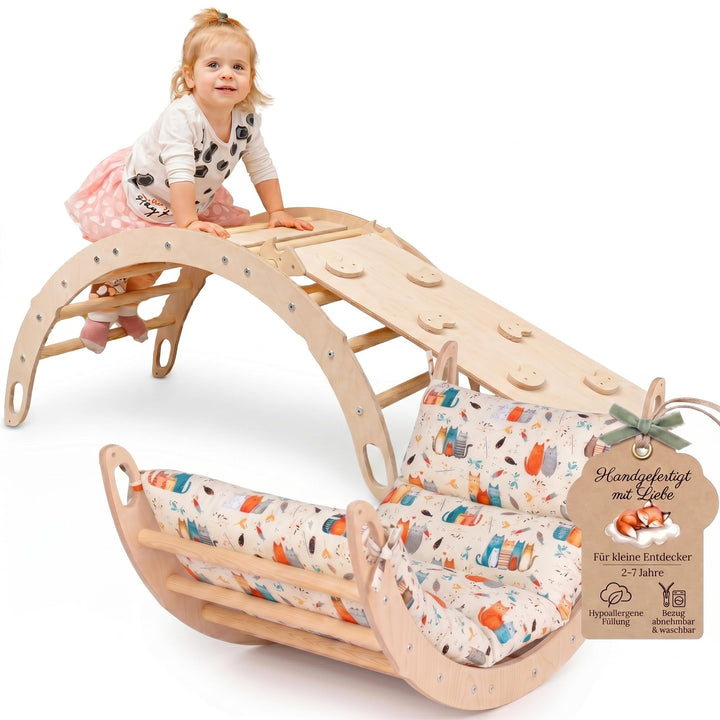 WoodsCraft Kletterbogen mit Kissen & Rutsche Indoor | Wippe Kinder & 2in1: Babyrutsche & Rampe | Hol