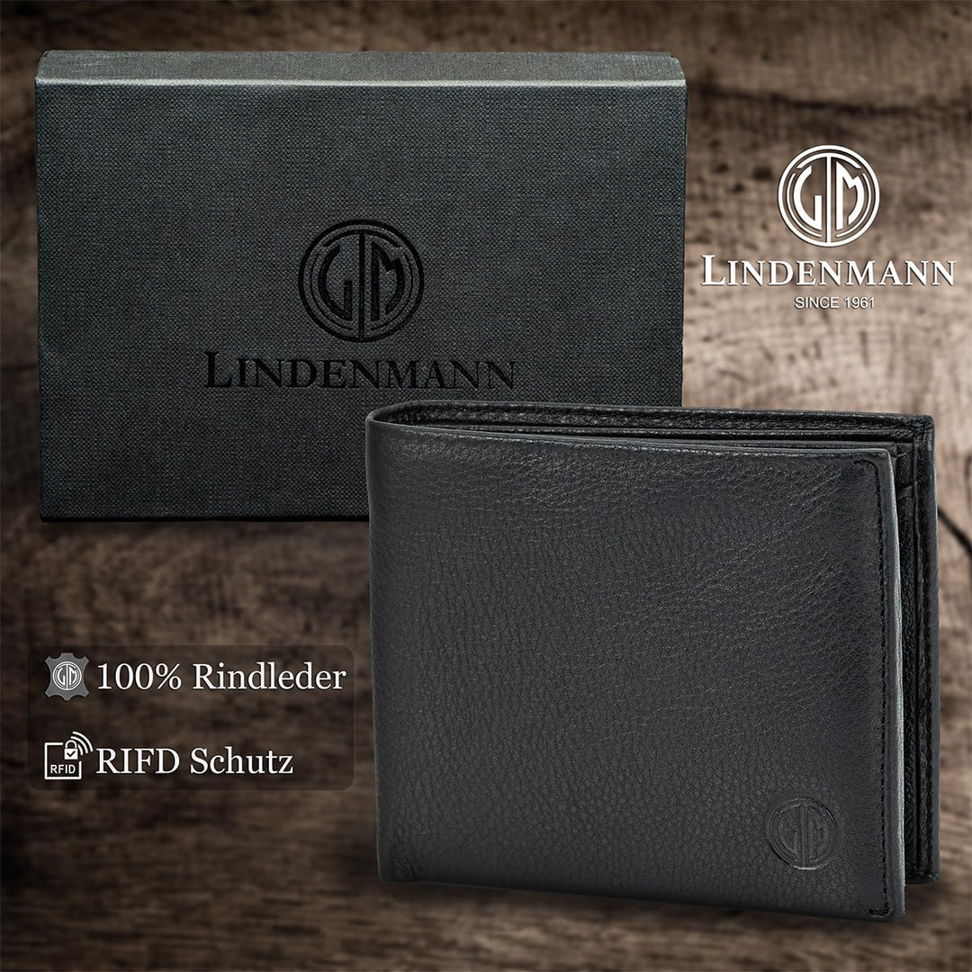 LINDENMANN Portemonnaie Herren Leder/Geldbeutel Herren, RFID, Rindleder, schwarz