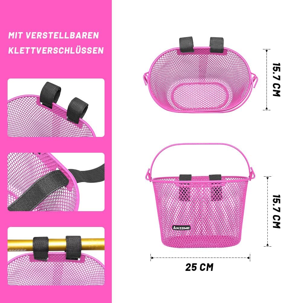 ANZOME Fahrradkorb Kinder, Metall Fahrradkorb vorne Kinder für Mädchen Jungen, Lenkerkorb mit Klettv
