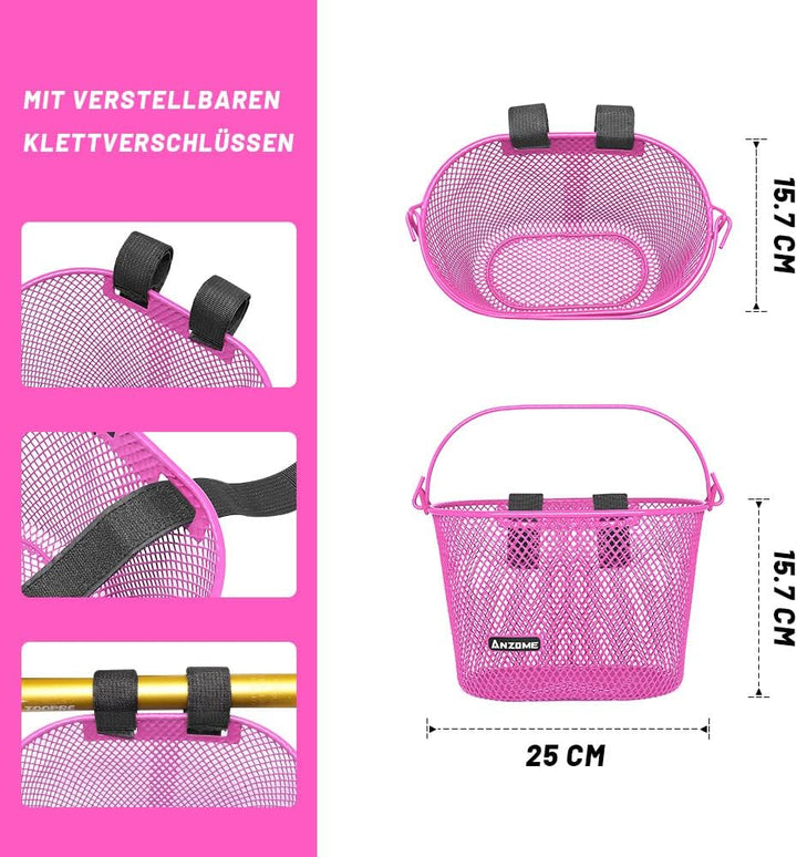 ANZOME Fahrradkorb Kinder, Metall Fahrradkorb vorne Kinder für Mädchen Jungen, Lenkerkorb mit Klettv