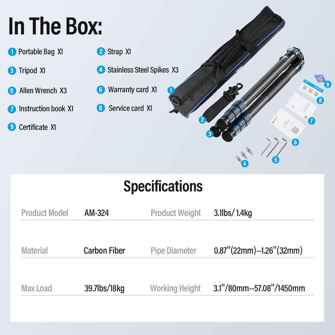 SIRUI AM-324 Cabon Faser Kamerastativ Reisestativ Kohlefaser 144,8 cm, professionelles Robustes Drei