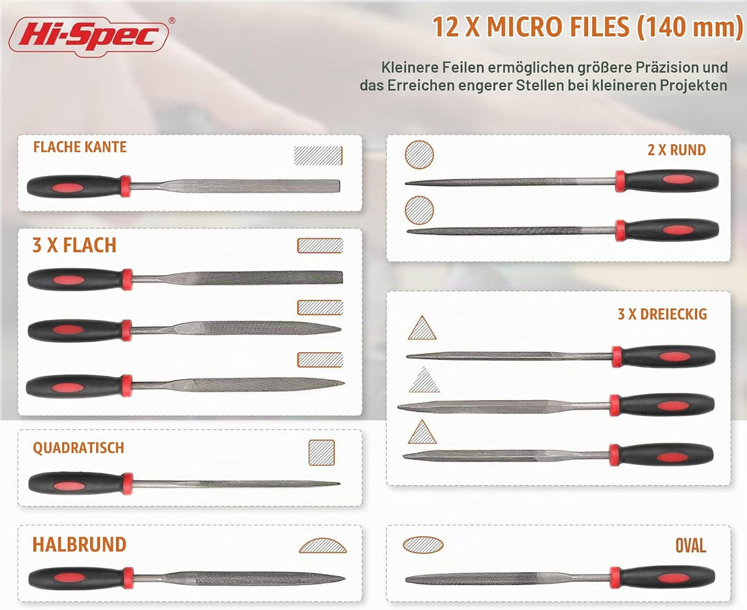 Hi-Spec Feilen Set. 16 tlg. Feilen Set mit 4 x 200mm Feile flach, halbrund, rund, dreieckig 8 x 140m